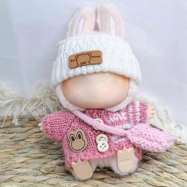 Tøj til Labubu 17cm Labubu tilbehør hæklet 3-delt sæt tøj til Labubu (lyserød sweater)
