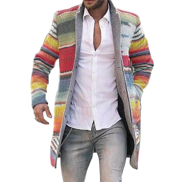 Lang jakke for menn Varm vinterfrakk Cardigan Casual Trenchcoat Stripete yttertøy Red M
