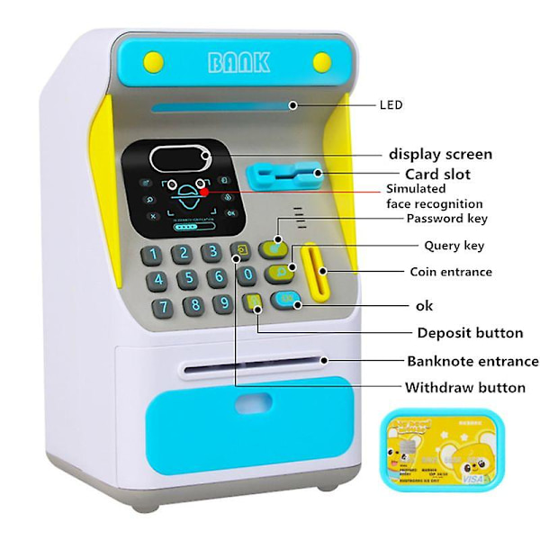 Jars Mini Atm Sparebøsse Sparegriser Penger Med Elektronisk Lås Ansiktsgjenkjenning Auto Scroll Papirpenger Blue