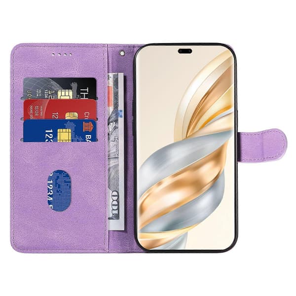 Plånboksfodral i läder med stativ och böjd linjedesign för Honor Magic7 Lite 5G Light Purple