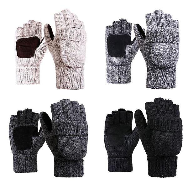 Vinterstickade Fingerlösa Handskar Konvertibla Vantar Flikskydd Beige