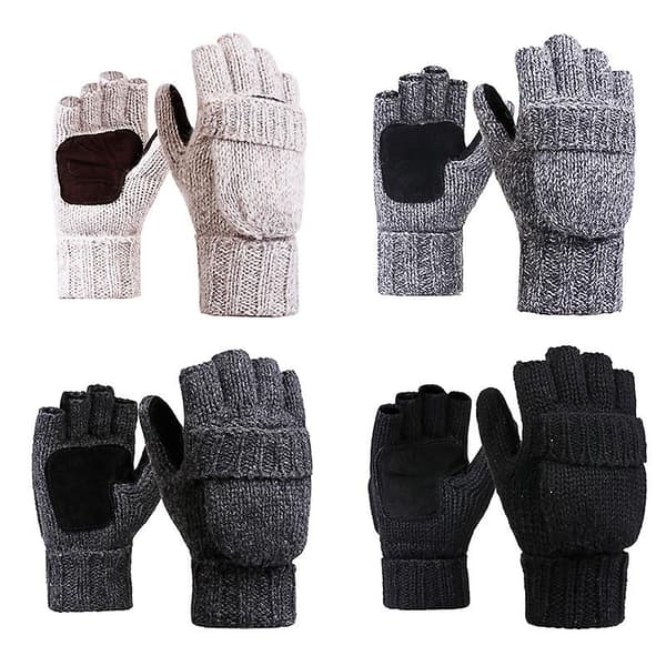 Vinterstrikkede fingerløse handsker konvertible luffer med klap Beige