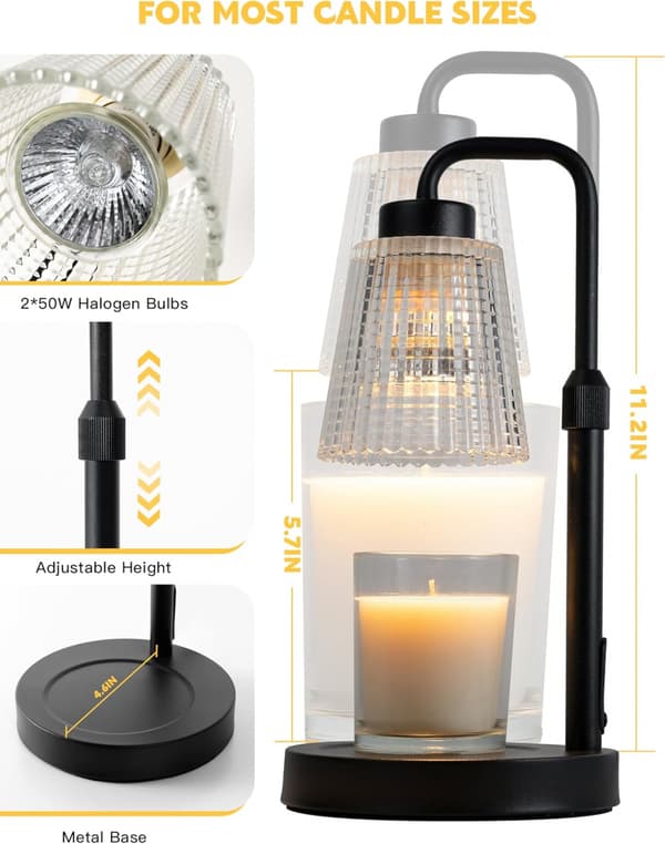 [LCS] Candle Warmer Lamp with Timer, Adjustable Height, Dimmable, Home Decor, Wax Warmer Lamp Compatible with Jar Candles with 2 Bulbs, Black