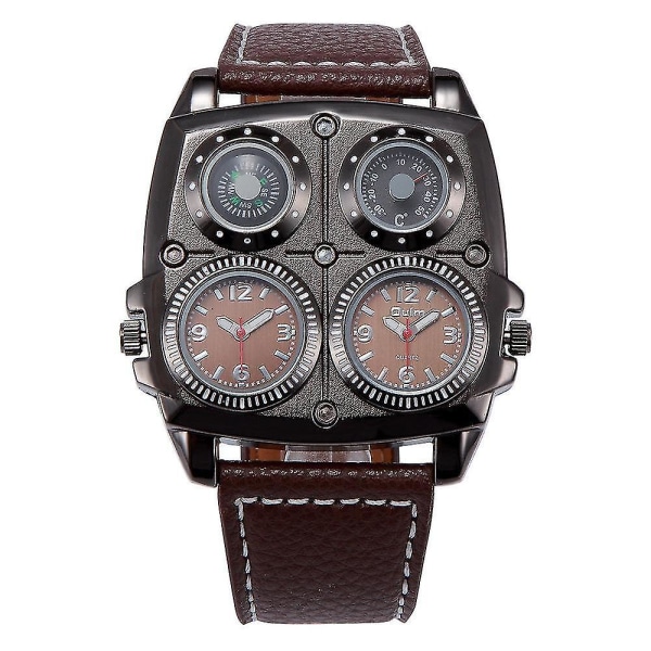 OULM Herrklocka med Dubbla Tidszoner, Stor Urtavla, Restro-stil, Läderarmband, Kreativ