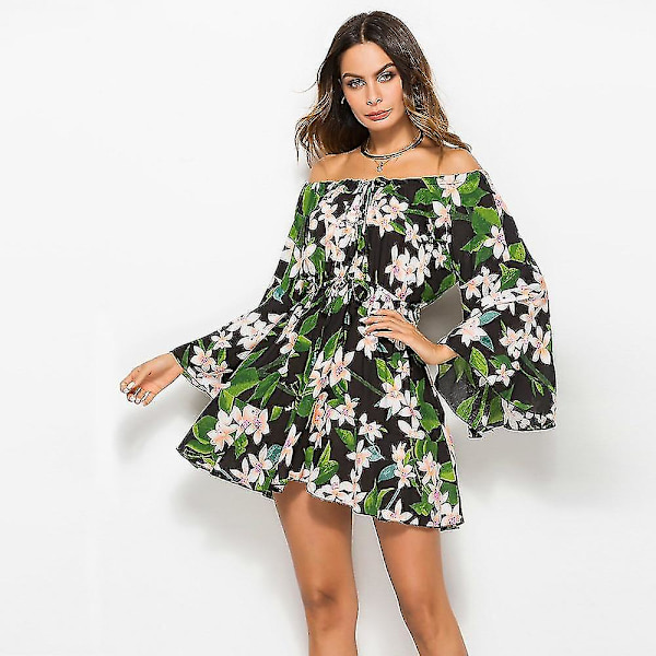 Løs Hawaii Kjole med Print Dame Boho Blomstret Strandkjole