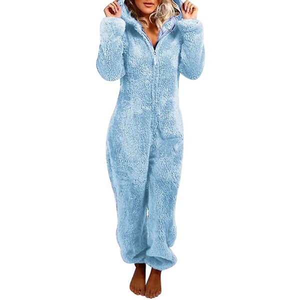 Bedårande Jumpsuit med dragkedja och huva, Fleece Pyjamas Dam Långbyxor Sovkläder Plysch Hoodies Sovkläder Sky Blue 2XL