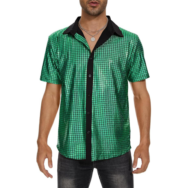 Herre 70'er 80'er Glitter Paillet Skjorter Metallisk Festkostume Kortærmet Knapskjorte Sjov Natklub T-shirt Grøn L Green