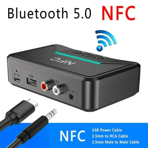 Trådlös Bluetooth 5.0-mottagare 3,5 mm jack AUX NFC till 2 RCA-ljudstereoadapter