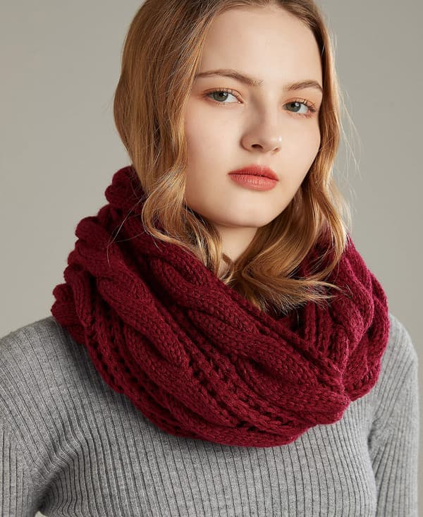 [LCS] Kvinders Vinter Strikket Infinity Halstørklæde Mode Tykt Varmt Cirkel Loop Halstørklæder Wine Red