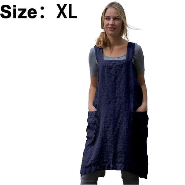 Bomull Lin Forkle Kryss Rygg Forkle For Kvinner Med Lommer Kittelkjole For Baking Matlaging Blue XL