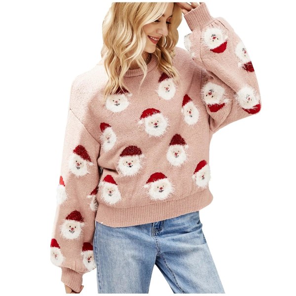 Dame Julegenser Santa Hode Mote Print Strikket Genser M