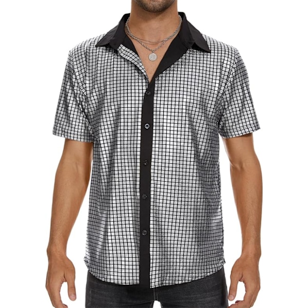 Herre 70'er 80'er Glitter Paillet Skjorter Metallisk Festkostume Kortærmet Button-Down Skjorte Sjov Natklub T-shirt Grå XL Grey
