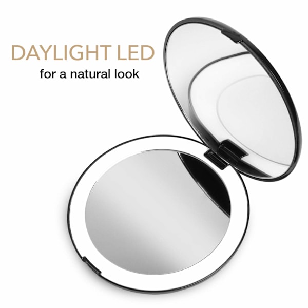 Kompakti meikkipeili käsilaukkuun, 1X/10X suurennus - Luonnonvaloa simuloiva LED, matkakoko, kannettava, suuri 127 mm leveä valaistu peili, musta Black