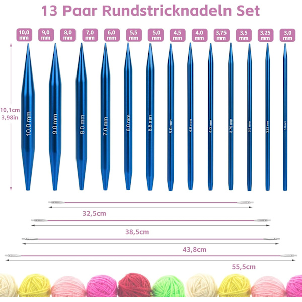 [LCS] Interchangeable Circular Knitting Needle Set, 3.0-10.0mm, 40cm/60cm/80cm/100cm, Interchangeable with Box, Aluminum, Interchangeable Circular Needle, Blue