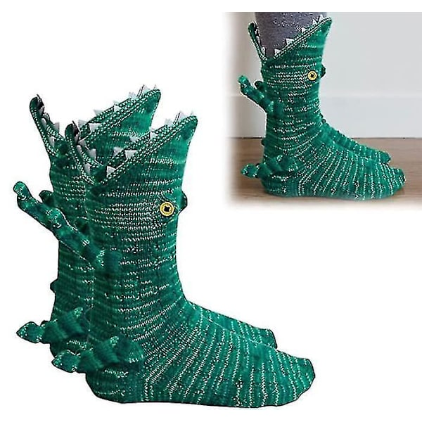 Neutrala Stickade Krokodilsockor Kreativ Djurform Varma Inomhus Vinter Dam Green crocodile