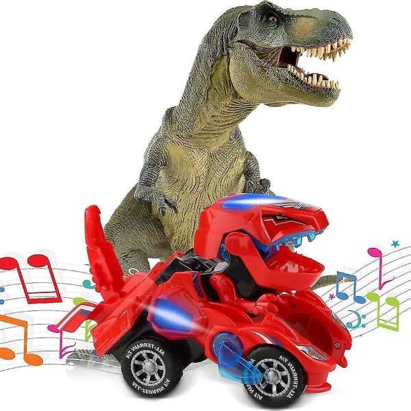 Transformerande Dinosaurie Leksak, Transformerande Dinosaurie Bil, Automatisk Transformerande Dinosaurie Bil Med Musik Och LED-Ljus Red