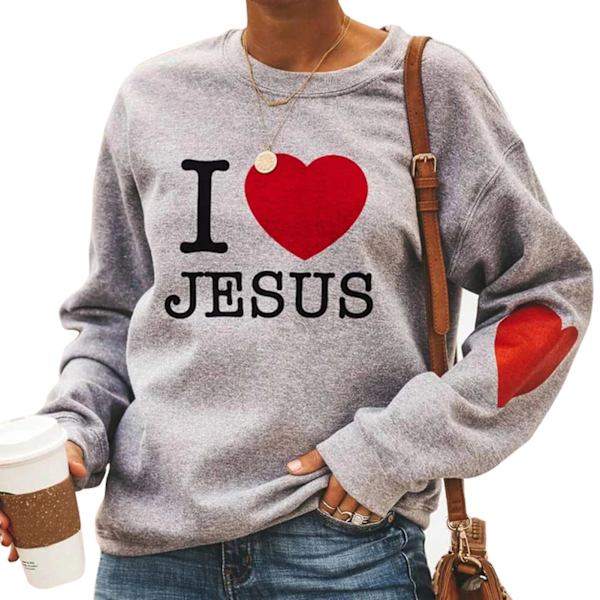 [LCS]I Love Jesus Hjerteprint Langærmet Pullover Afslappet Sweatshirt til Kvinder Rund Hals Pullover Top L