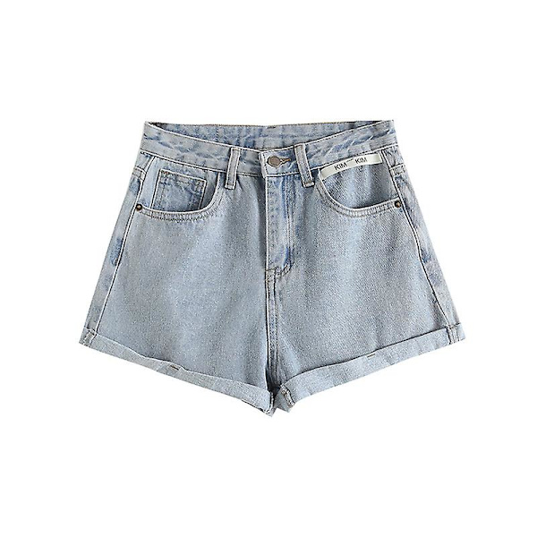 Højtaljede denimshorts med vasket look, krøllede bogstaver og patch M