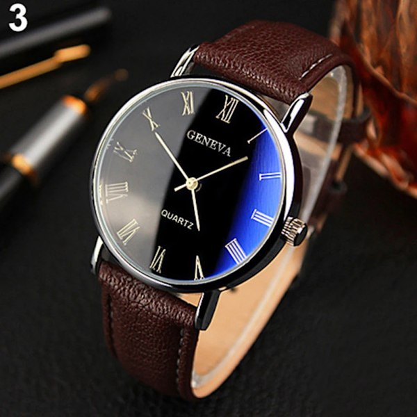 Ur med romertal Blu-Ray imiteret læderrem Quartz Analog Business armbåndsur 2022 Black-Brown