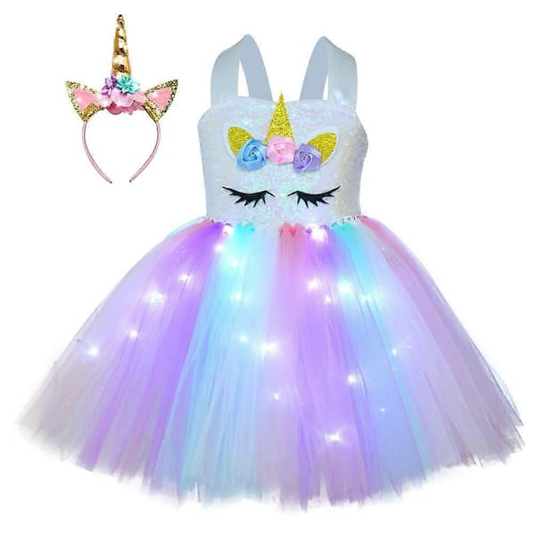 Princess Tutu LED Enhjørningekjole til Piger Regnbue Lysende Kostumer White light M(3-4Y)