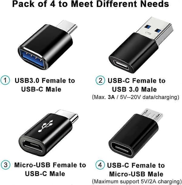 USB C-adapterpakke med 4, USB C til USB 3.0 OTG-adapter, Micro USB til USB C-adapter kompatibel med MacBook Pro, Samsung Galaxy, smarttelefoner, bærbar PC