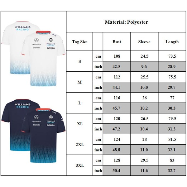 Williams Racing Team T-shirt för män & kvinnor, rund hals, kortärmad (vit) 2024 vit L White