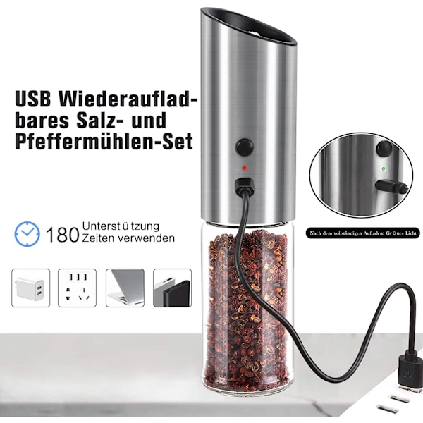 Genopladelig Elektrisk Peberkværn, Automatisk Gravitationsstyret Salt- og Peberkværn, USB Genopladelig