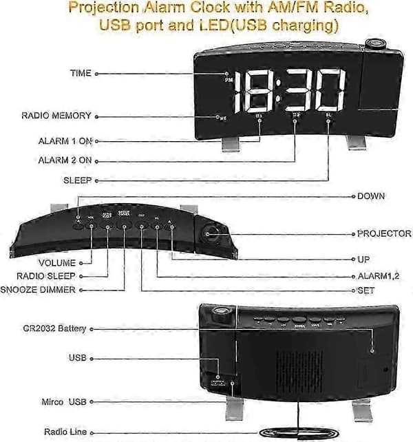 [LCS] Digital väckarklocka med projektor, USB-laddning vit