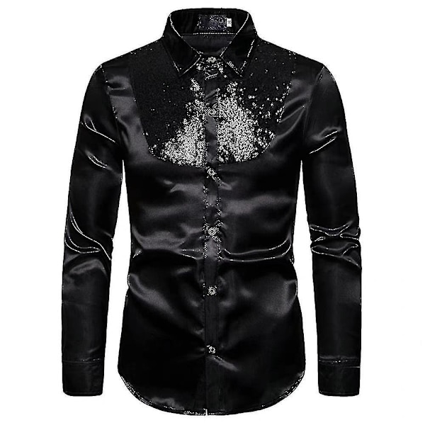 Miesten paljetit Glitter Slim Fit napitettavat paidat Juhla Pitkähihainen paita Topit Musta M Black