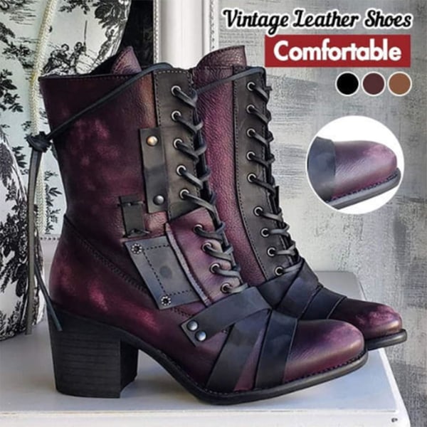 Retro Bekväma Chunky-heel Snörstövlar för Dam Green 41