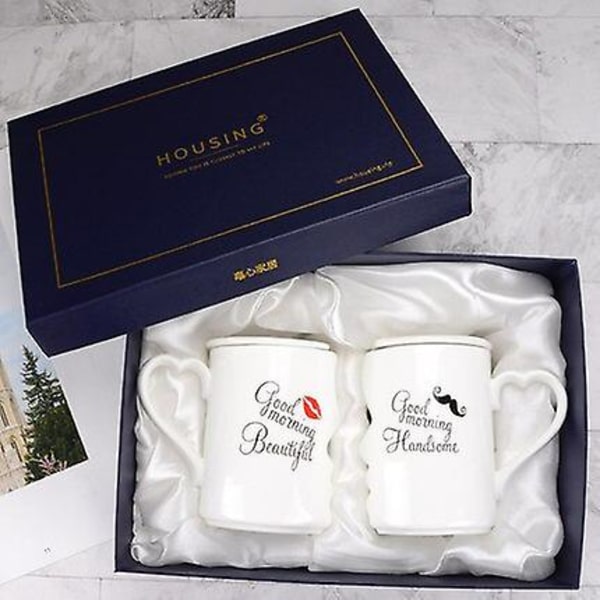 2 stk./sæt Par Kop Keramisk Kys Krus Valentinsdag Jubilæum Bryllup Fødselsdag Julegave B with Lid box