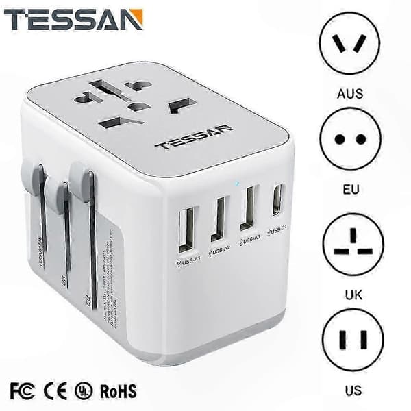 Universell reseadapter med 3 USB-portar och 1 USB C för global användning