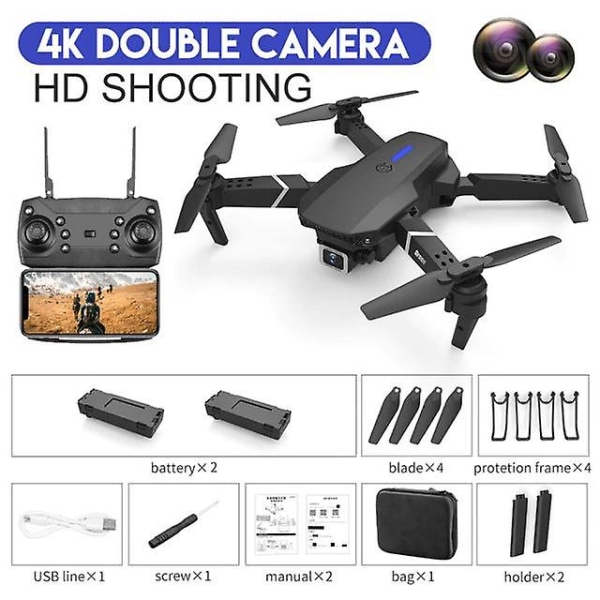 E88 Pro Drone Med Vidvinkel Hd 4k 1080p Dubbel Kamera Höjd Håll Wifi Rc Vikbar Quadcopter Black 2Camera 4K 2Battery