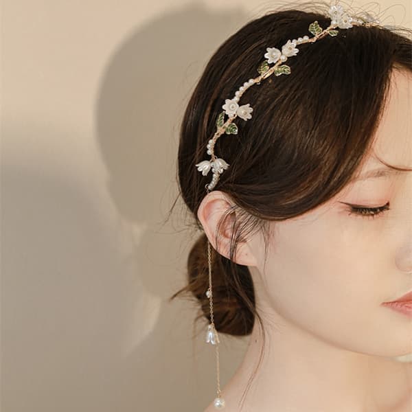 [LCS] Blomsterdiadem for kvinner jenter hårvinranke gullblad Boho-diadem bryllupsfe-tilbehør hodeplagg brudekrone (blomstret)