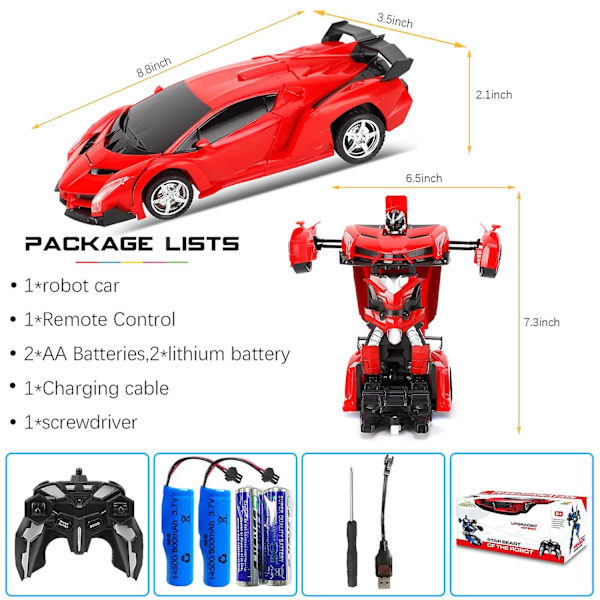 Fjärrstyrd Bil, Transformerande Robot RC Bilar för Barnleksaker, 2.4ghz 1:18 Skala Racerbil Med Enknapps Deformation, 360-gradersdrift Red
