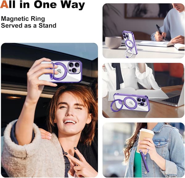 [LCS] iPhone 15 Pro Case with Invisible Magnetic Ring Stand [MagSafe Compatible] [Full Camera Lens Protection] Plated Clear for iPh Purple