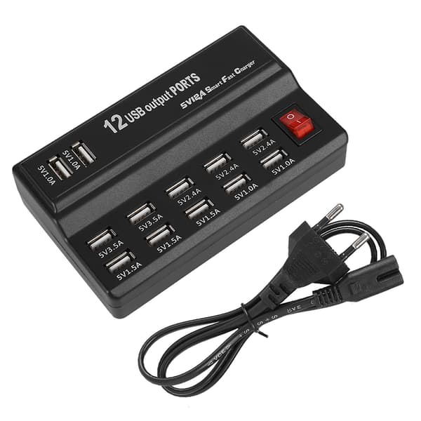 [LCS] USB-hub 12 porter 5 V 10 A, strømadapter, ladestasjon, lader, hjem, reise