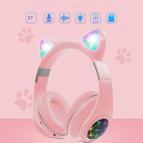 Bluetooth Trådlösa Cat Rabbit Ear Headset Led W/mic Hörlurar För Barn Flickor Pink