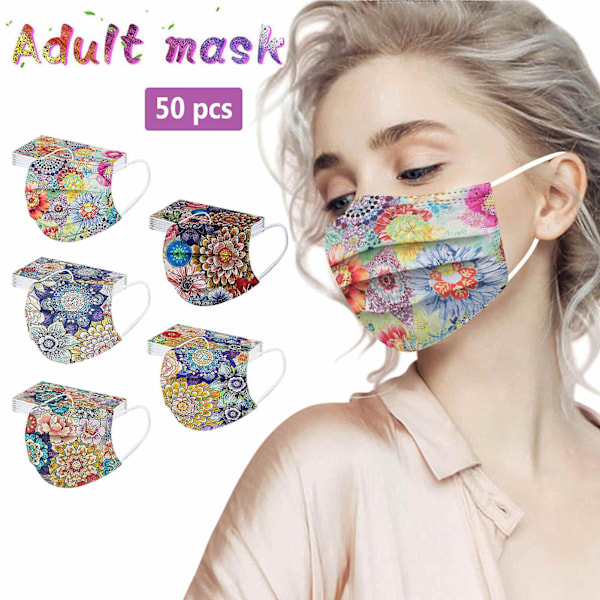 50 stk. blomstermundbind til kvinder 3-lags farver blomsterdesign åndbart ansigtsbeskyttelse til voksne B