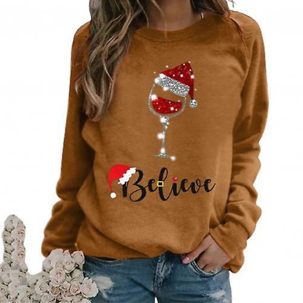 Mote Kvinner Juleprint O-hals Langermet Genser Løs Sweatshirt XL