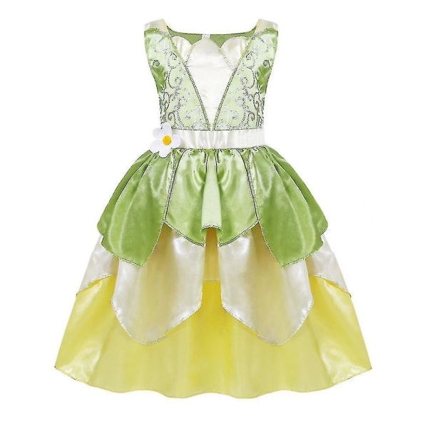 140 Prinsessan Tiana Kostym Halloween Cosplay Klänning Älv Grön Fé Kostym Flickor Festklänning