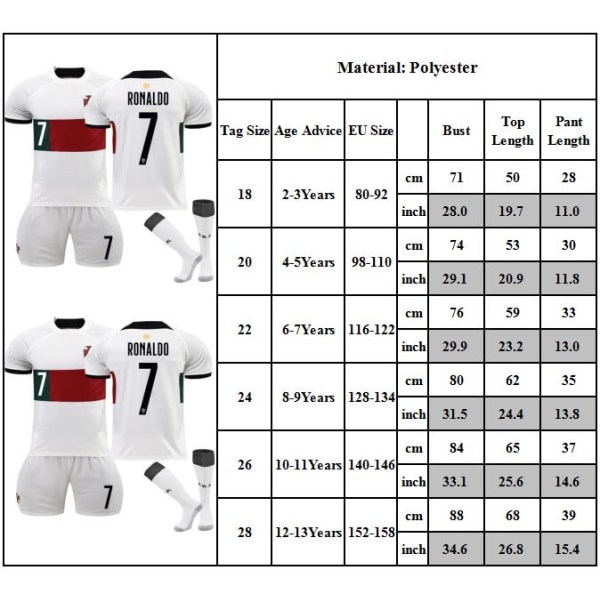 2223 Portugal Borta Vit Cristiano Ronaldo Fotbollströja Nr 7 Ungdom/Barn Tröja Borta Fotbollströja Set Shorts Med Strumpa 22