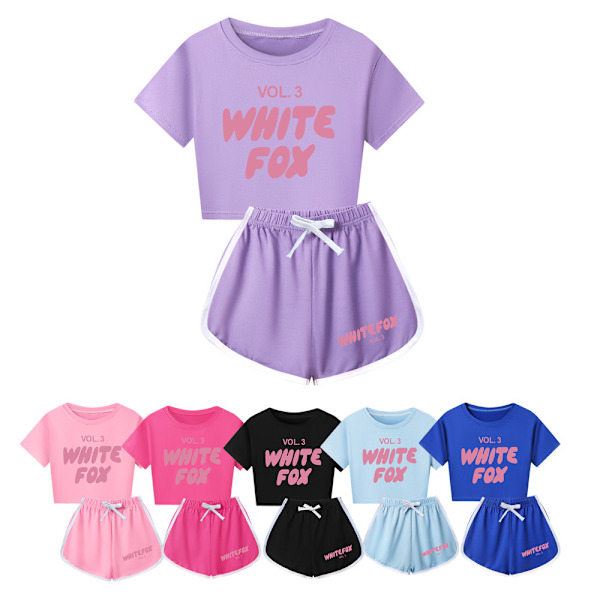 Flickor \"WHITE FOX\" Tryckt Träningsset med Bokstäver Söt Tecknad Anime Kortärmad T-shirt + Shorts Set Vardagliga Sportkläder Purple 140cm