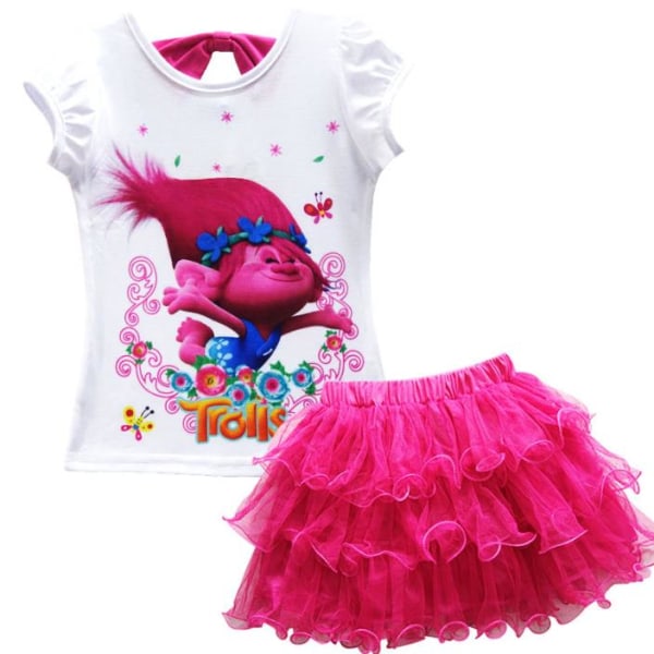 Trolls Poppy Girls' Kortärmad Top Tutu Dress Sommar T-shirt Kort kjol Set Barn Present Rose Red 130cm