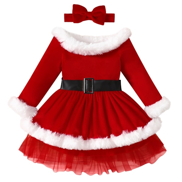 Barn Toddler Baby Flicka Julklänning Julklänning Röd Långärmad Sammet Santa Klänning Prinsessa Festklänning + Hårband Outfit Red 18-24M