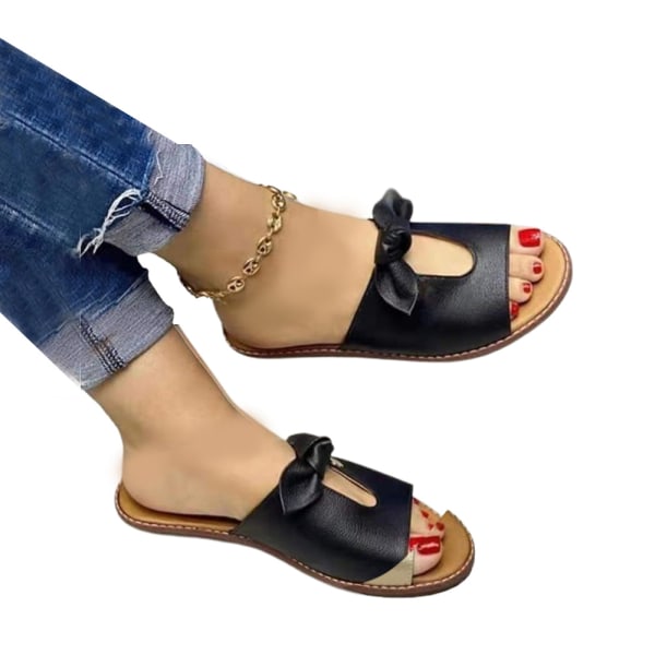 Kvinnors bowknot Slip On Flat Sandaler Tofflor Summer Beach Shoes black 40