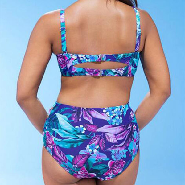 Plus Size Dam Bikinisätt med Blommönster, Hög Midja, Strandkläder blue 2XL