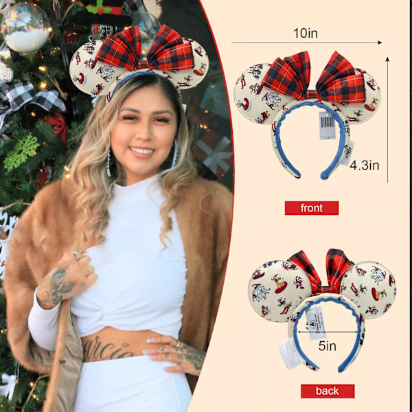 Holiday Lodge Snow Rødternet Jul Mickey Minnie Mouse Øre Hårbøjle Hårbånd