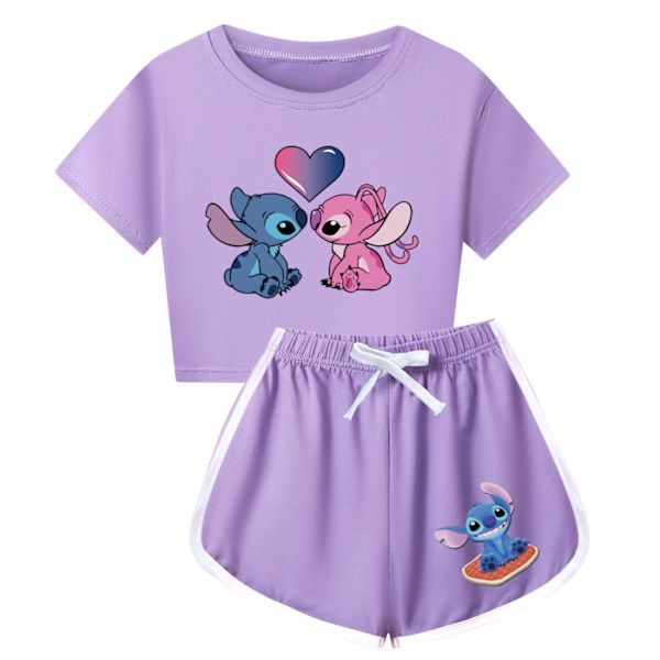 Lasten tyttöjen Stitch-verryttelypuku Söpö sarjakuva-anime lyhythihainen T-paita + shortsit Setti Rento urheiluasu Purple 130cm