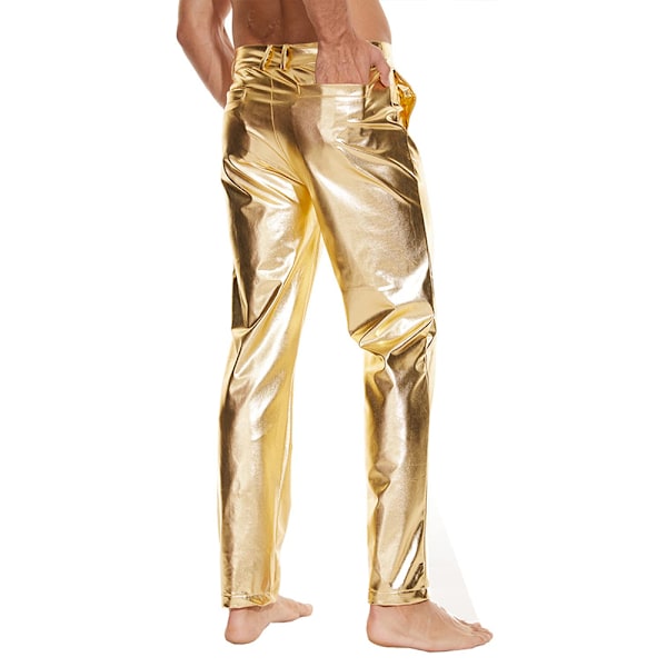 Herr 70-80-tals Metalliska Glänsande Disco Byxor Våt Look Party Dans Raka Ben Byxor Gold L